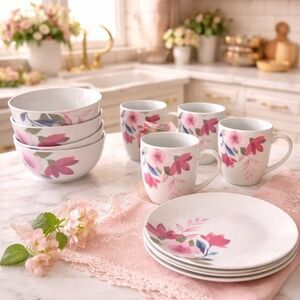 Tabletops Gallery 12pc Floral Watercolor Dinnerware‎ Set Service for 4